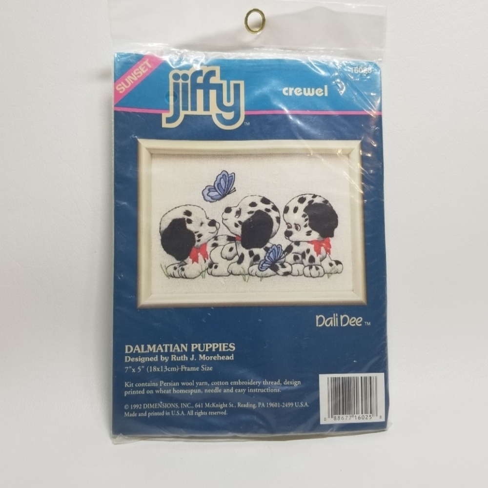 NIP Dalmation Crewel Embroidery Kit Puppies Jiffy Sunset Blue Butterflies Dogs